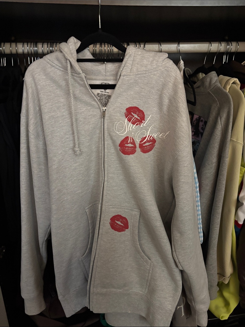 Sabrina Carpenter Merch (Short and Sweet) Gray Zip-Up Hoodie with Red Lip Prints